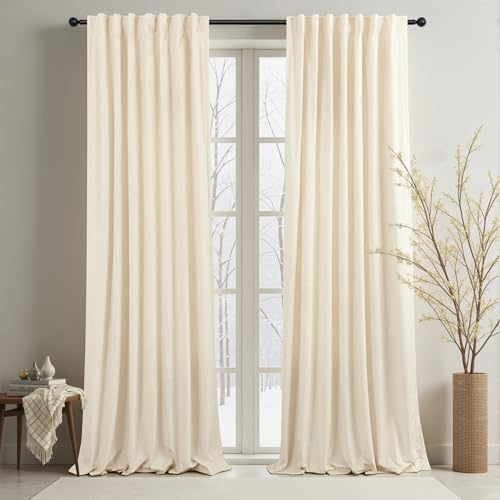 Cream Beige Velvet Curtain 84 Inch Length 2 Panel Back Tab Pocket Solid Soft Textured Luxury Drape Sound Reducing Light Filtering Thermal Insulated Living Room Darkening Curtain for Bedroom 52x84 Long