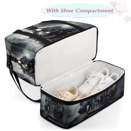 Vintage Steam Locomotive Train Foldable Duffle Bag with Shoes Compartment Large Capacity Waterproof Travel Weekender Bag Overnight Bag for Sports Gym4