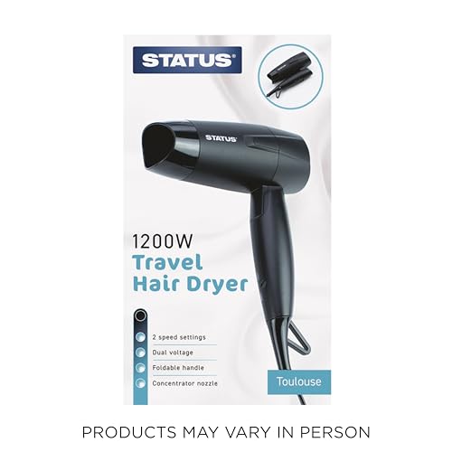 Image of STATUS: Toulouse 2 Speed Travel Hair Dryer Black Foldable Hair Dryer with Concentrator /1200W Dual Voltage (230V or 115V), DC Motor, TOULOUSE1PKB6
