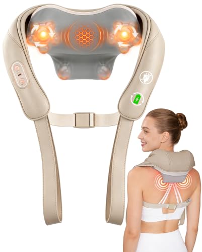 Image of Neck Massager with Heat Cordless: Shiatsu Back Shoulder Massage Tools for Pain Relief Deep Tissue Electric 4D Kneading for Muscle Remedy Lymphatic Drainage Gifts for Men Women Mom Dad (Brown)
