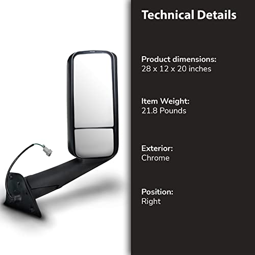 FIT FREIGHTLINER NEW CASCADIA Door Mirror Assembly Motorized & Heated Right / Passenger Side with Chrome finish for 2018 2019 2020 & 2021 Models (FRCA-1401D-R)