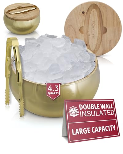 Gusto Nostro 4.1L Insulated Ice Bucket with Lid and Tongs, Double Wall Stainless Steel Ice Bucket Large, BPA Free Ice Bucket for Cocktail Bar, Keeps Champagne, Wine, Beer Chill for Parties (Gold)
