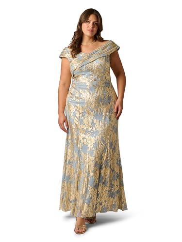 Image of Adrianna Papell FOIL Leaf Mermaid Gown, Light Blue/Gold, 24 Plus