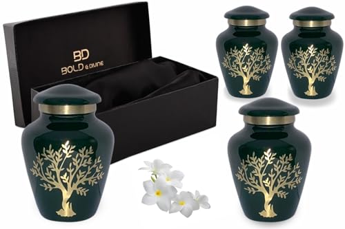 Image of Tree of Life Keepsake Urns for Human Ashes - 4 Small Keepsakes, Decorative Urns for Ashes Adult Female & Male, Funeral Urns - Dark Green