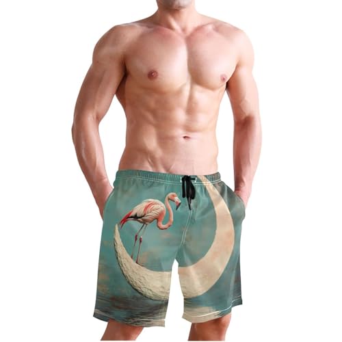Men's Swim Trunks Flamingo Moon Print, Quick Dry Beach Board Shorts with Lining-S3