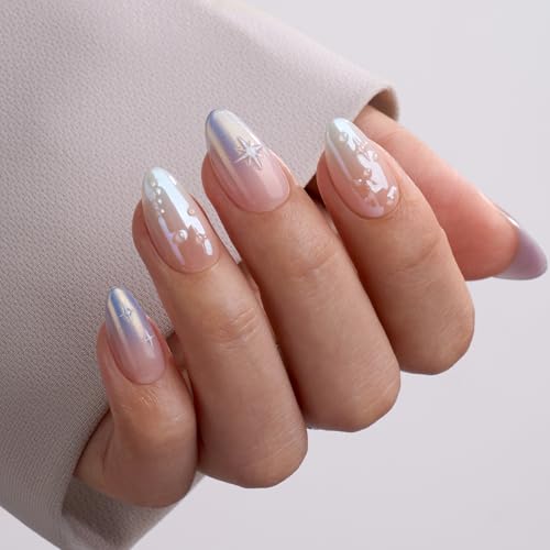 VSALON Press-On Nails Short Almond, Chrome Ombre 3D Star Fake Nails