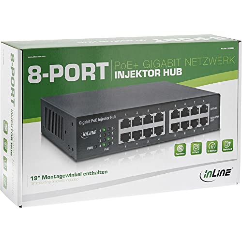 Inline PoE+ Gigabit Network Injector Hub 8 Puertos 8x PoE+ 19 Pulgadas Ángulo Incluido Sin Aire miniatura 4