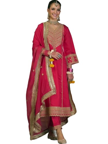 Image of INDO ERA Women's Silk Blend Ethnic Motifs Embroidered A-Line Kurta & Pant with Dupatta Set (IEOUT12437)
