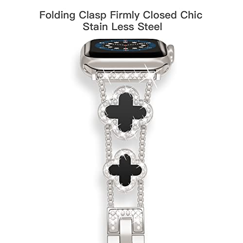 Image of Musk-MSKR Diamond Metal Bands Add Sparkle to Your Watch For Apple Watch Series 11 /10 /9 /8 /7 /6 /5 /4 /3 /2 /SE /Ultra Clover Simple and Stylish Compatible with 38mm40mm41mm42mm44mm45mm 46mm49mm Women's Wear