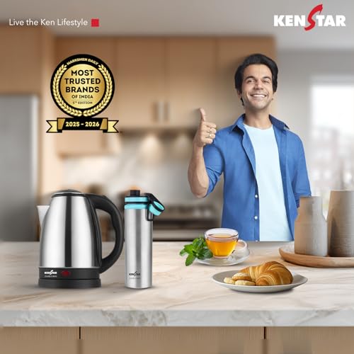 Image of Kenstar ESTELLA COMBO Electric Kettle 1.8L & Stainless Steel Bottle | Concealed Heater | Auto Cut-Off & LED Indicator | 1350 W | SS Finish