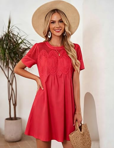 Image of Shiyifa Womens Babydoll Lace Patchwork Dresses Summer Short Sleeve Ruffle Sundress Loose Crew Neck A-Line Dresses
