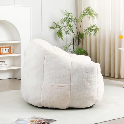 Image of Bean Bag Chair with Arms for Adults - Furry Lazy Sofa, Armrests Stuffed High-Density Foam Filler Chair, Small Cozy Reading in Bedroom Living Room and Dorms (White)