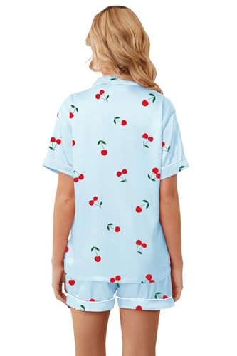 Image of Umeyda Women & Girls Pajamas Set, Soft Satin Lightweight Silk Button-Down Top with Shorts 2 Piece PJS for Mom Boys Kids Gifts