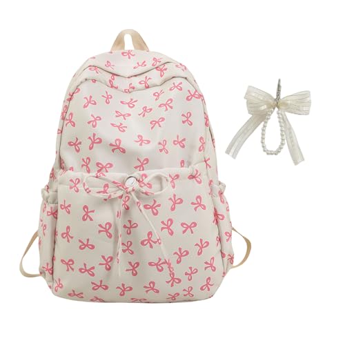 LERIKA Large capacity Coquette Bow Backpack School Communicating and Everyday Use in Multiple Colors (White powder flower)
