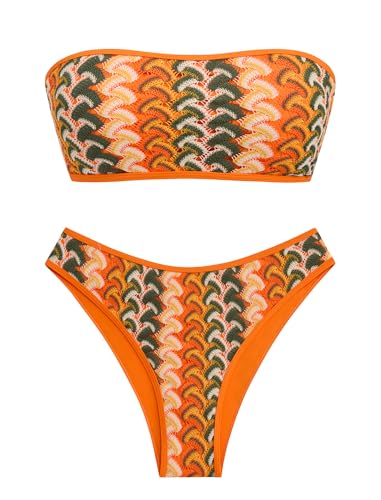Image of ZAFUL Women Strapless Textured Bandeau Bikini 2 Piece Swimwear Cheeky Solid Lace up Bathing Suits
