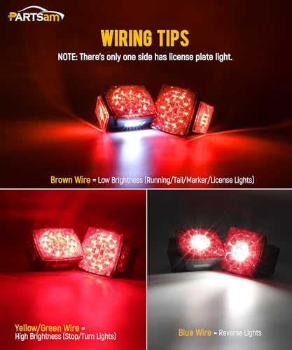 Image of Partsam 12V Submersible Square Led Trailer Lights, Red White LED Stop Turn Tail Reverse Backup License Side Marker Running Light Lamp for Trailers Under 80 inch, Truck, IP68, Red Clear Lens