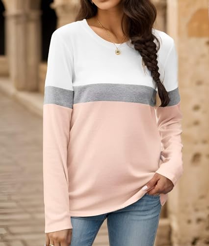 Long Sleeve Shirts for Women Color Block Tunic Tops Dressy Casual Round Neck Pullover Loose Fit Blouses3