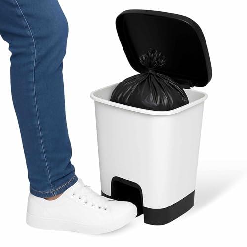TECHZOCO Cubo basura plástico, Cubo basura apertura pedal, Papelera de pedal, cubo de Pedal, Basura para oficina, Libre BPA, 63.5 cm alto x 41 cm ancho x 36 cm fondo, Capacidad 50 Litros, Blanco/Negro