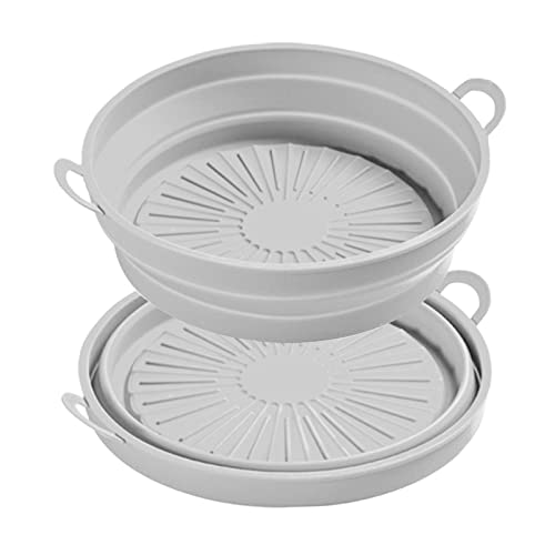 Air Fryer - Set di 2 pentole in silicone, pieghevoli, rotonde, per friggitrice ad aria calda, riutilizzabile, antiaderente, in silicone, per forno, microonde (grigio 21 cm)