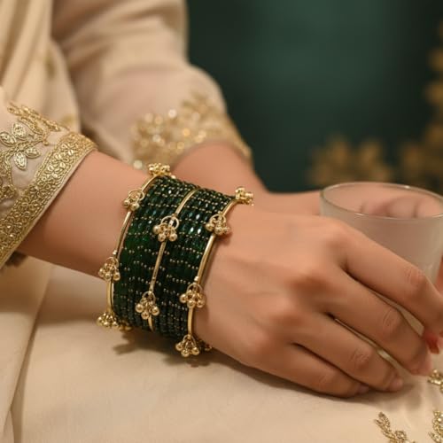 Image of Kashmiri Ghangharoo Glass Bangle Set for Women| Light Weight Bangles | Traditional Transparent Fancy Glass Chudi Set for Wedding, Party|Set Of 16(12 Glass + 4 ghungroo bangles)