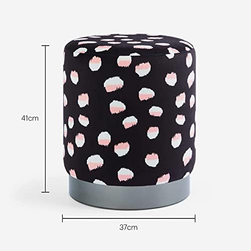 BTFY Velvet Sakura Stool with Japanese Pink Cherry Blossom Print  Black & White Small Footstool & Dressing Table Seat for Bedroom & Living Room Spaces with Modern & Contemporary Bold Statement Design