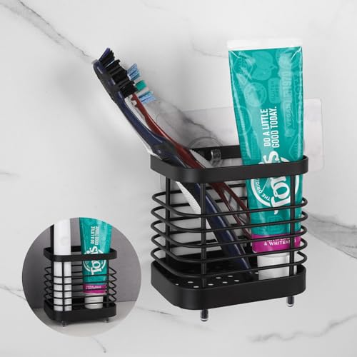 Wall Mount Toothbrush Holder for Bathroom, Stainless Steel Rustproof Toothbrush and Toothpaste Holder Organizer, Electric Toothbrush Holder Self Adhesive Wallmount/Countertop Organizer(Black Small) by LUEXBOX - Used condition - US$8.99