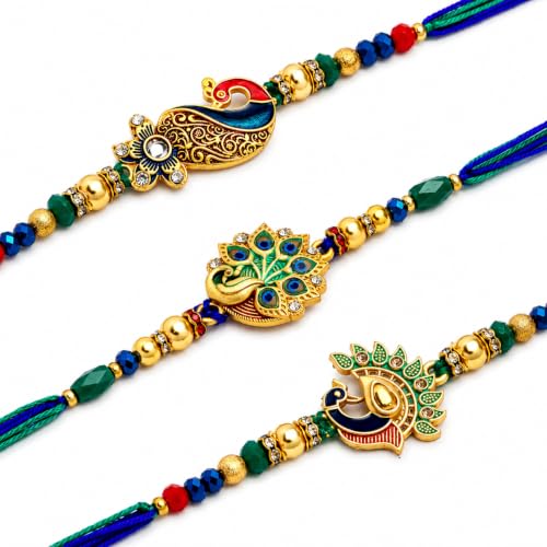 Image of Set of 3 Ganesha & Rudraksha Rakhi for Brother Rakhee for Brothers | Raksha Bandhan Om Rakhi for Brother Rakhi Set with Greeting Card & Roli