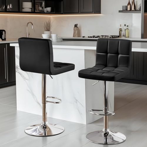 Image of Kemon KaiMeng Modern Adjustable Swivel Bar Stool Chair with Backrest, PU Leather Hydraulic Counter Stool with Footrest for Kitchen Island, Cafe & Home Bar, Black, Square Tufted Back Stool
