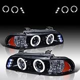 AUTOZENSATION Compatible with 1996-2003 BMW E39 5-Series All Without OE Xenon Headlights, Left + Right Pair Headlamps Assembly, Halo Glossy Black Housing Smoke Lens Projector LED Headlights