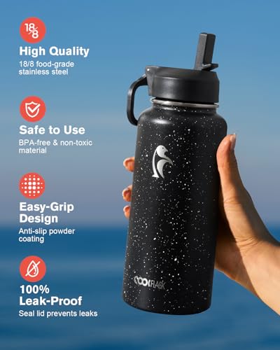 Image of Coolflask 32 oz Water Bottle Insulated with Straw & 3 Leakproof Lids