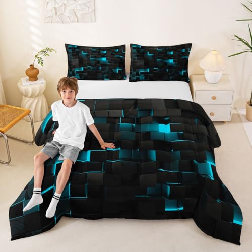 Image of Erosebridal Black Teal Comforter Set Queen Neon Turquoise Geometric Checkered Bedding Set for Boys Gaming Room Decor,Teen Men Abstract Stereoscopic Grids Quilt Square Plaid Bed Set 3 Pcs