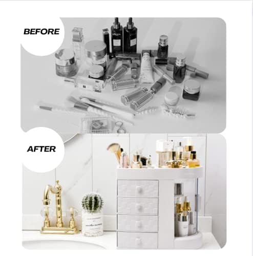DIAMERS Makeup Organiser With Storage Drawers - High Capacity Cosmetics Organiser For Skincare Products & Accessories - 4 Layer Drawers, Clear Rotating Door - Durable, Waterproof, Dustproof - (White)