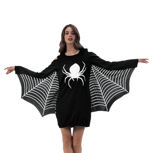 QJWBZ Halloween Damen Kleid Fledermaus Kostüm: Frauen Schwarz Spinne Long Sleeve Kleid Für Karneval Cosplay Party