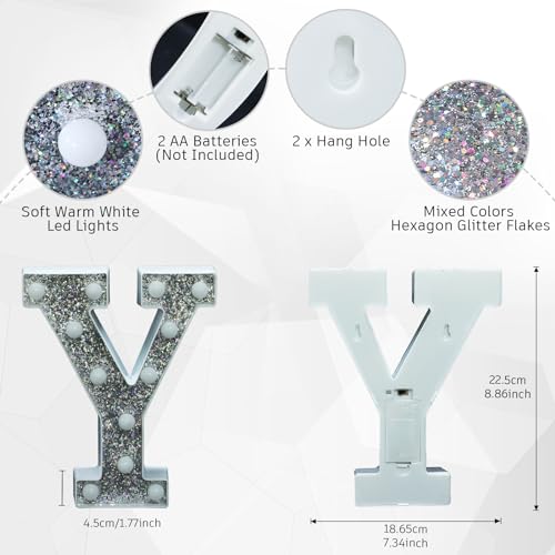 Image of LED Marquee Light Up Letters, 26 Alphabet Lighted Letter and 10 Number, Battery Powered Night Light for Home Birthday Wedding Bar Party Decoration, Shiny Silver Diamond (Letter Y)