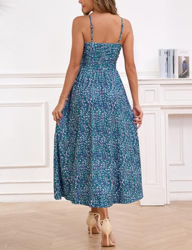 Annebouti Women 2026 Summer Spring Ruched Maxi Dress Adjustable Spaghetti Strap Floral Beach Long Sundress with Pockets - Image 4