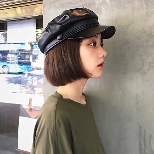 Korixine Women Newsboy Cap Retro Navy Hats Leather Beret Hat Female Trendy All-Match Fiddler Caps #389517 Black #TOP2