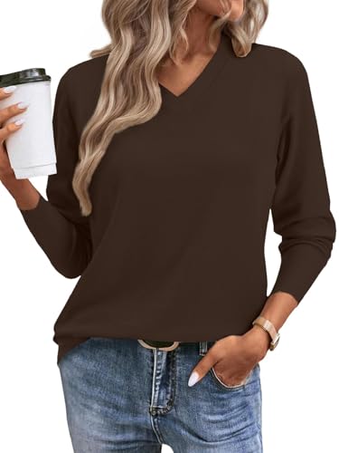 Yutdeng Suéter Mujer Manga Larga Jersey de Punto Cuello Pico Elegante Jersey Basico Sueter Invierno Otoño Sweater Fino Lana Jerséis para Mujer Jersei Suave Casual Pullover Camiseta,Marrón,M