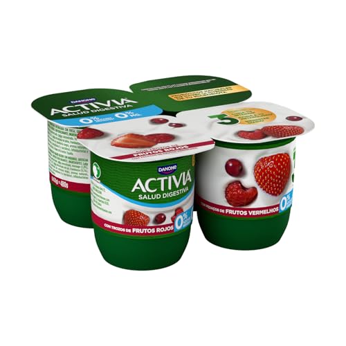 Activia Yogur Frutos Rojos - rico en probióticos y con 0% azúcares - Pack: 4x120g