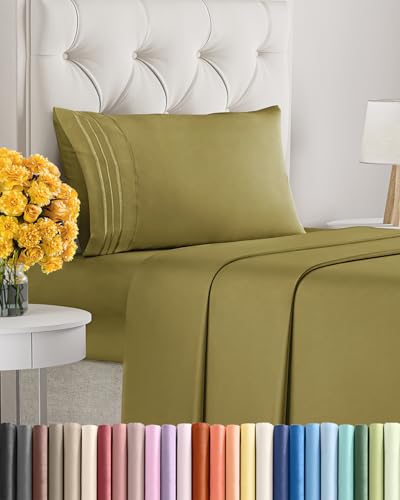 Image of Twin XL Size 3 Piece Sheet Set - Ultra Soft & Cooling Sheets - Olive Yellow | Fits 8 Inch to 16 inch Mattress, Wrinkle Free & Fade Resistant with Deep Pockets, Breathable, Comfy Hotel Luxury Bedding