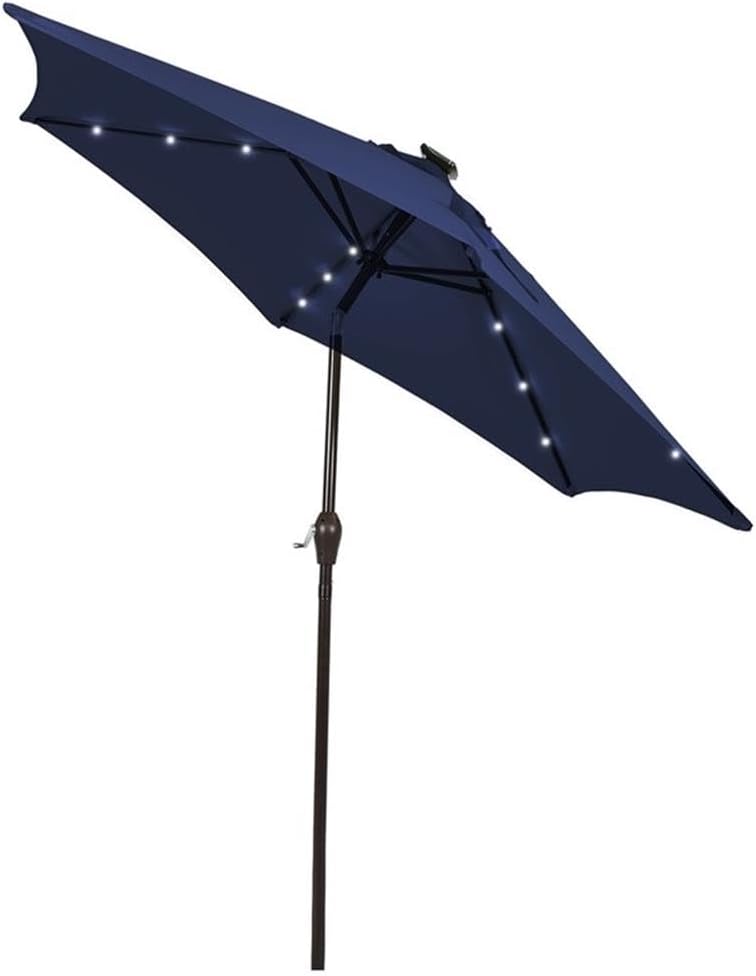 Pemberly Row 10ft Patio Solar Umbrella, LED Lights, Steel Frame with Tilt Mechanism, Navy Canopy, Outdoor Market Sunshade for Patio or Garden Use