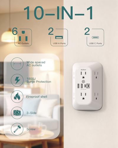 Image of Addtam 6-Outlet Extender Surge Protector, Multi Plug Wall Outlet with 4 USB Wall Charger(PD 30W), Plug Extension Outlet with 1800J, Outlet Splitter Power Strip for Home Office, White