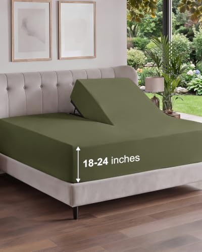 Image of Extra Deep Flex Top Split Head King Fitted Sheet - Hotel Luxury Single Fitted Sheet Only - Easily Fits 18 inch to 24 inch Mattress - Ultra Soft, Wrinkle Free w /Extra Deep Pockets - Sage Green