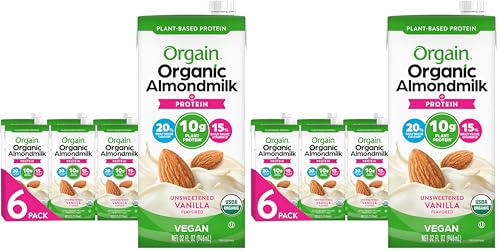 Orgain Organic Vegan Protein Almond Milk,Unsweetened Vanilla - 10g Plant Protein,Vitamin D & Calcium,No Lactose,Dairy & Soy Ingredients,Gluten Free,No Sugar Added,32 Fl Oz,(Pack of 12)