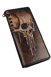 Melting Skull, Zombie Skeleton, 3D Custom Design Men’s Long Biker Leather Wallet with Chain – Handmade RFID Genuine Leather Clutch Wallet, Painted, Carved, Embossed, Tooled & Personalized Gift for Him
