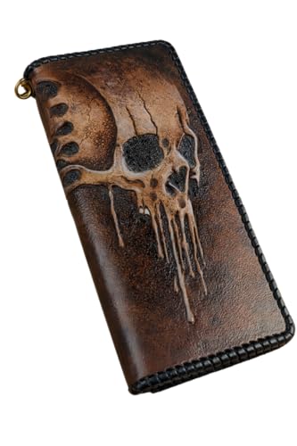 Melting Skull, Zombie Skeleton, 3D Custom Design Men’s Long Biker Leather Wallet with Chain – Handmade RFID Genuine Leather Clutch Wallet, Painted, Carved, Embossed, Tooled & Personalized Gift for Him