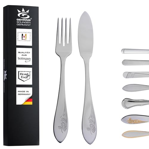 Gehring Solingen Fischbesteck Set Flower I Besteck Set 12-teilig I Edelstahlbesteck I Besteckset 6 Personen I spülmaschinengeeignet I Fischmesser I Fischgabel I Made in Germany