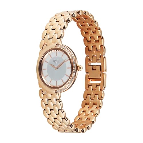 Image of Titan Raga Chic Glam with Quartz Analog FINE Vertical Satin + White Paint Dial Rose Gold Strap Watch for Women - 95392WM01