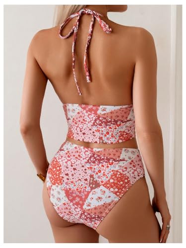 Women's 2 Piece Floral Tankini Swimsuits Halter V Neck High Waisted Bathing Suits3