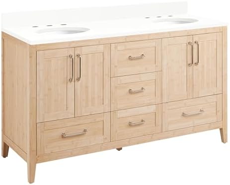 Signature Hardware 955154-60-UM-3 Arrietty 60" Freestanding Bamboo Double Basin Vanity Set with Cabinet, Vanity Top, and Oval Undermount Sinks - 8" Widespread Faucet Holes - Natural Bamboo/Arctic