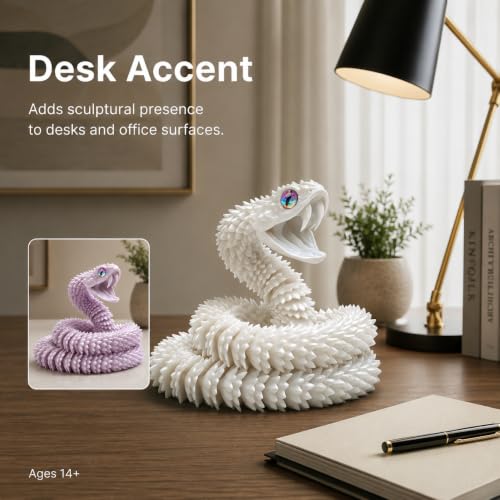 Image of 3D Printed UV Color Changing Viper Snake Sculpture, 23 inch White to Lavender Photochromic Articulated Display Piece, PETG Color Shift Snake with Movable Jaw & Fangs, Desk Decor for Collectors